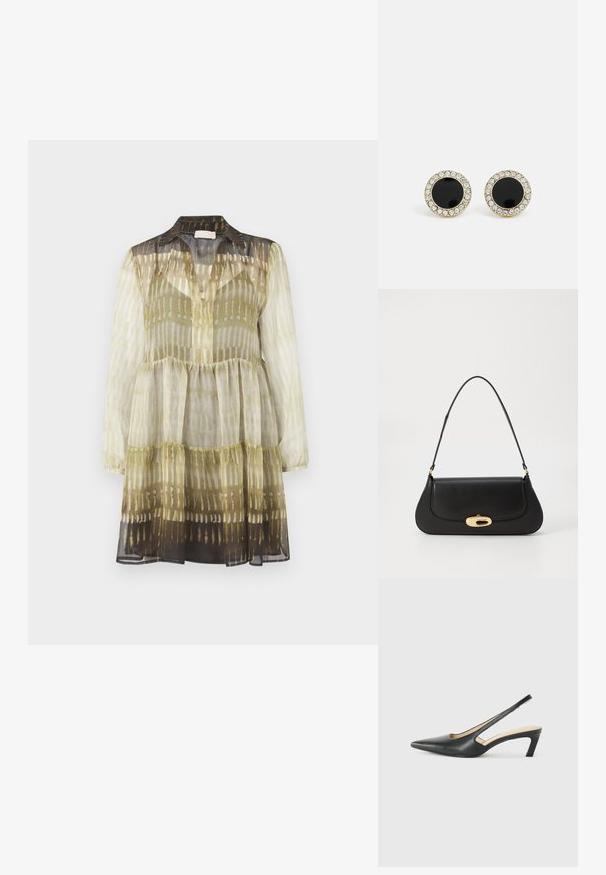 Rochie din chiffon cu guler, mâneci lungi și un design în straturi. Prezintă un model multicolor în nuanțe de verde și maron, cu transparențe variate.; Pantof cu toc mic, cu vârf ascuțit și slingback, realizat din piele netedă, având un design decupat pe lateral pentru respirabilitate.; Geantă de mână din piele neagră, cu un design curbat, accesorii de culoare aurie și un mâner de sus. Dispune de o închidere elegantă și o textură netedă.; DKNY INLAY STUD - Cercei - black/gold-coloured