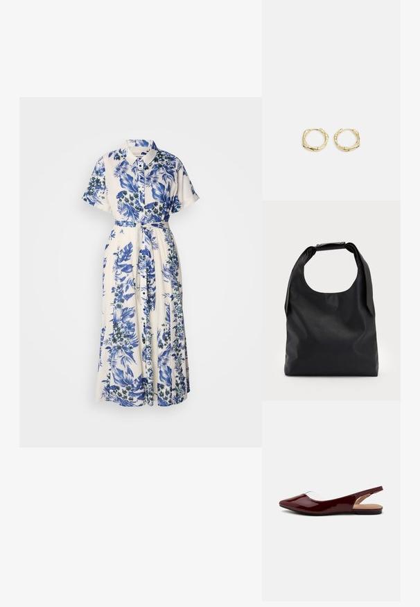 Ziedu raksta kleita zilos un baltos toņos. Tai ir apkakles forma, īsas piedurknes, josta viduklī un garš svārku klaips.; Burgundijas laku siksniņu plakanās kurpes ar norādītu purngalu, caurspīdīgu izgriezumu un plakanu melnu zoli. Gluda tekstūra, minimālisma dizains.; Melnas ādas rokassoma ar plašu atvērtu augšu un vienu plecu siksnu. Mīksta tekstūra, minimāls dizains, ar smalkiem metāla aksesuāriem.; Zelta riņķveida auskari ar tekstūru un neregulāru formu. Iekļauj bezšuvju aizdari un pulētu virsmas apdari, uzsverot mūsdienīgu dizainu.