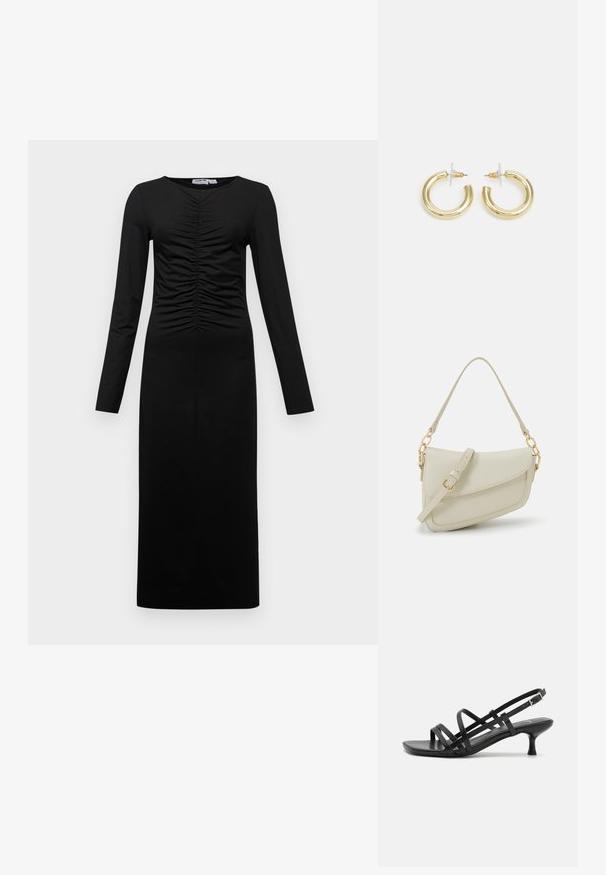 Hosszú ujjú fekete ruha összegyűrt elülső résszel, testhezálló fazonnal és sima anyagból, amely a bokáig ér. Egyszerű, monokromatikus dizájn.; Fekete magassarkú szandálok több keresztben átkötött pánttal. Simább anyag, hegyes orr és keskeny sarok. Állítható bokapánt kapcsos rögzítéssel.; Kis krémszínű táska texturált felülettel, hosszú, állítható pánttal, láncos díszítéssel és fedéllel záródik. Aranyszínű fém részletek.; Arany fülbevalók sima, fényes felülettel. Kör alakú dizájn, amely kis kapoccsal és átlátszó tartozékkal rendelkezik a biztonságos viselés érdekében.