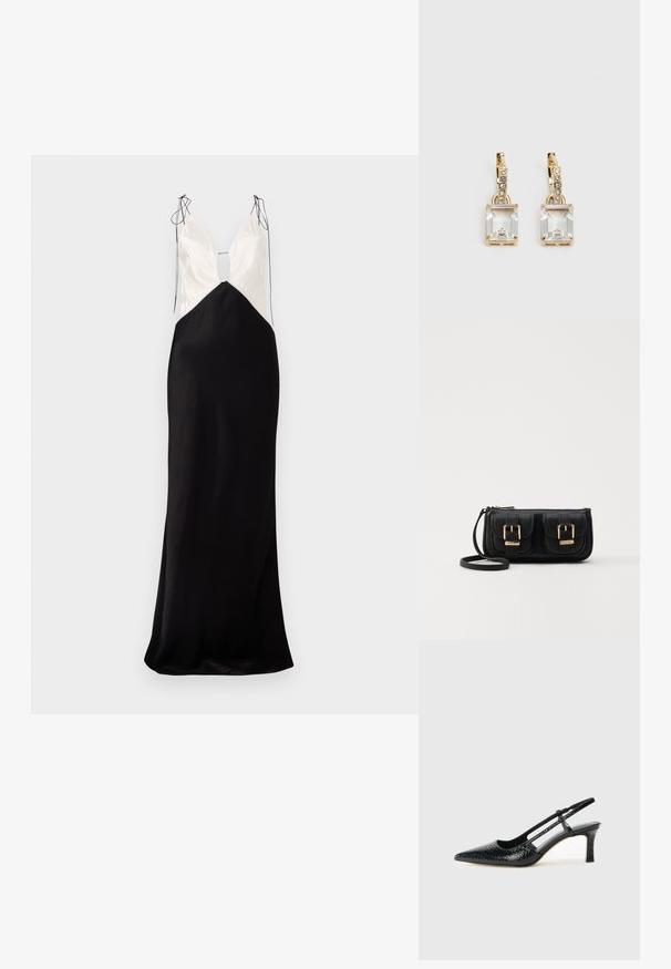 Vestido longo sem mangas com saia de cetim preta e parte de cima creme, com decote em V e detalhes decorativos de amarração nos ombros.; Salto slingback em patente preta com bico apontado, apresentando um padrão de pele de cobra texturizado, tira ajustável e um salto bloco curto e texturizado.; Bolsa de ombro em couro preto com dois bolsos frontais, fivelas douradas, fecho de zíper e uma alça fina. Superfície texturizada e forma retangular compacta.; Brincos em tom de ouro com um cristal retangular claro pendurado abaixo de uma linha de pequenos acentos redondos claros. Design elegante e moderno.