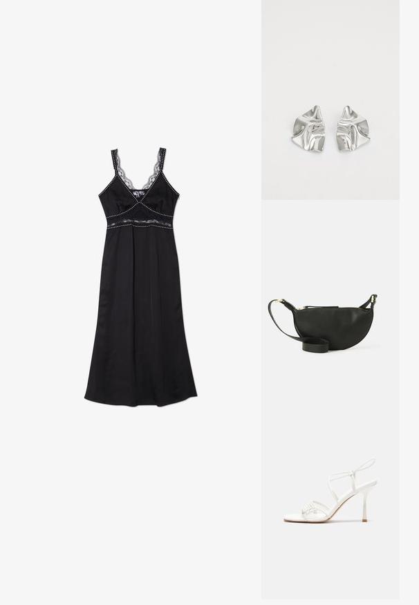 Never Fully Dressed MIMI DRESS STUD TRIM - Vestido de cocktail / Vestido de festa - black; Sandália de salto alto branca com tiras, base plana nos dedos, frente texturizada com detalhes franzidos e uma tira fina para o tornozelo.; Bolsa transversal de couro preto com formato de meia-lua, superfície texturizada, fecho dourado e alça plana. Design compacto adequado para itens essenciais.; Brincos de metal prateado com um design ondulante e escultural, apresentando um acabamento polido e formas irregulares, destacando uma estética contemporânea.