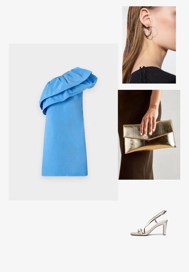 Mėlynas vieno peties suknelė su volangų detalėmis kaklo srityje, pagaminta iš lygaus audinio su elegantiška siluetu. Yra vientisos spalvos ir minimalizmo stiliaus.; Metallic sidabriniai aukštakulniai sandalai su atvira nosimi, turintys tris plonas dirželius per pėdą ir kulkšnies dirželį su sagtimi.; Auksinės metalinės rankinės su lygiu paviršiumi, kuri turi trikampio formos užsegimą. Ranką laikančioji turi tvarkingai prižiūrėtus nagus.; Sidabrinė lankinė auskarai su poliruotu paviršiumi, turintys mažus auksinius akcentus ir apvalią formą, dėvimi ant ausies kaušelio.
