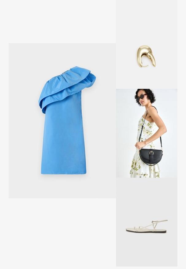 Plava haljina s jednim ramenom i volanima na dekolteu, izrađena od gladkog materijala s elegantnim siluetom. Ima jednobojnu boju i minimalistički dizajn.; Bež sandala na ravnom potplatu s više tankih trakica i podesivom kopčom. Potplat je ravan s blagim tamnim kontrastom na rubu.; Crna kožna torba s lukovitim oblikom, odvojivim remenom i zlatnim detaljima. Torba ima preklop s kopčom.; Zlatne metalne naušnice s elegantnim, zakrivljenim dizajnom. Imaju karakterističan šiljast oblik, poliranu površinu i zatvaranje na šarku.
