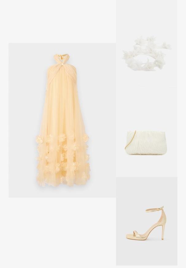 Rochie maxi dintr-un material transparent, galben pal, cu un guler halter legat și aplicații florale la tiv, creând o silueta fluidă.; Sandalie aurii metalice cu toc înalt, cu vârf deschis, curea la gleznă cu cataramă și talpă platformă pentru un plus de înălțime. Textură netedă.; Geantă de mână albă texturată, cu un design strâns, având o curea de lanț aurie. Finisaj neted cu valuri subtile și margini rotunjite.; Coroana florală din petale albe, cu o bandă subțire și flexibilă. Petalele sunt moi și ușoare, creând un aspect delicat și stratificat.