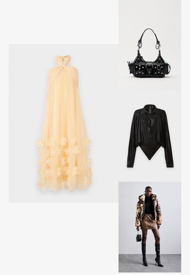 Szatén, világos sárga anyagból készült maxi ruha, csomós nyakkivágással és virágos applikációkkal az alján, amely légies sziluettet teremt.; Fekete egyrészes ruházat hosszú ujjakkal, V-kivágással és testhez simuló fazonnal. Fényes, sima anyagból készült, strukturált gallérral és mandzsettákkal.; Barna és fekete mintás puffjú dzseki, barna kígyóbőr mintás mini szoknyával, fekete térdig érő csizmával és egy kicsi fekete táskával párosítva.; Fekete bőr kézitáska ívelt designnal, ezüst szegecsekkel, csattal és két oldalsó zsebbel. Állítható vállpánt a hordozási lehetőségekhez.