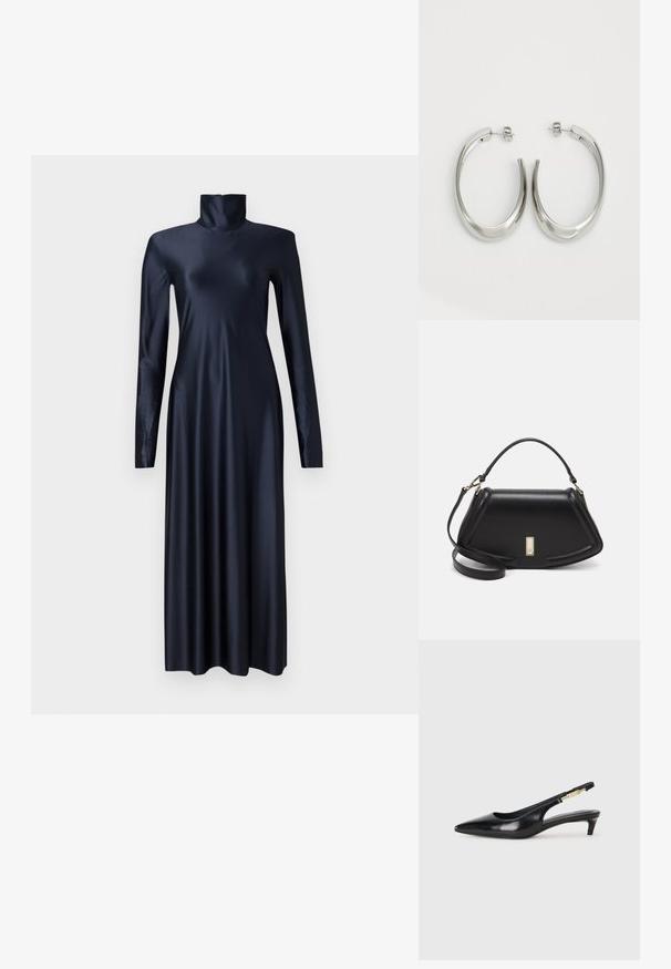 Sukienka z długim rękawem, granatowa, z wysokim kołnierzem, wykonana z gładkiego, błyszczącego materiału, o dopasowanym kroju i maxi długości.; Czarne skórzane szpilki typu slingback z ostrym noskiem, posiadające smukły obcas i złoty akcent na regulowanym pasku. Gładka tekstura.; Czarna skórzana torebka o strukturalnym designie, z przyciętą formą, górnym uchwytem i złotymi akcentami. W zestawie regulowany pasek na ramię.; Srebrne kolczyki-hoop o gładkim, zakrzywionym designie. Posiadają błyszczące metaliczne wykończenie i zapięcie na sztyft. Brak widocznych wzorów lub akcentów.
