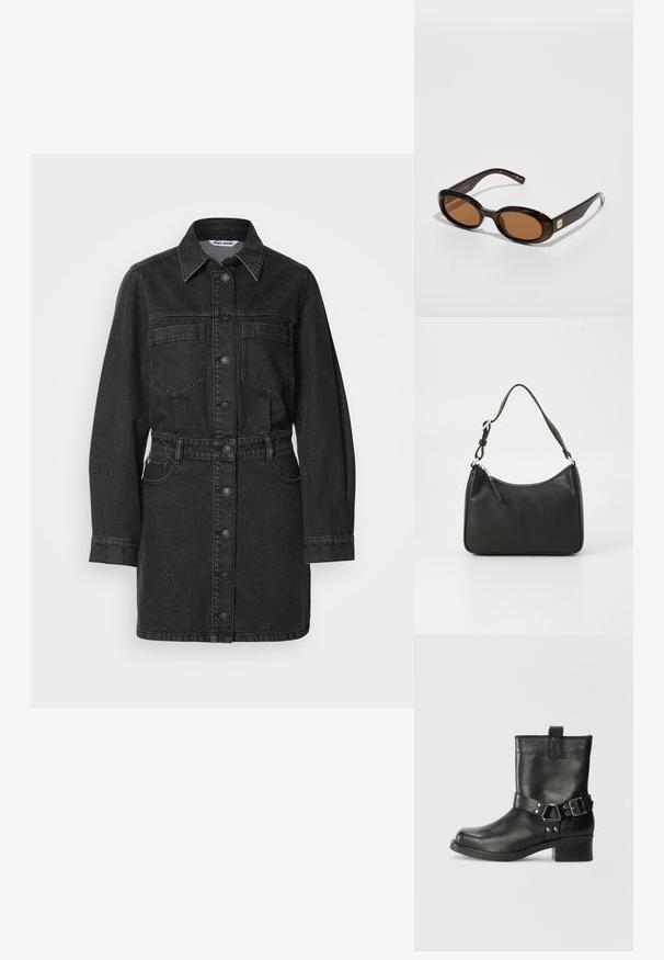 Juodas džinsinis suknelė su sagčių priekyje, apykakle, dviem krūtininėmis kišenėmis ir diržu juosmeniui. Ilgos rankovės su sagų antkrūtinėmis.; Samsøe Samsøe SABRENTA - Kaubojiški / motociklininko stiliaus aulinukai - black; Rudos raštuotus saulės akinius su ovaliais lęšiais, turinčius ploną rėmelį ir mažą metalinį akcentą šone. Tekstūruotas ir poliruotas paviršius.; Juoda odinė rankinė su išlenkta forma, viena dirželiu, užtrauktuko uždarymu ir subtiliu ženklinimu priekyje. Lygus paviršius, minimalistinis dizainas.