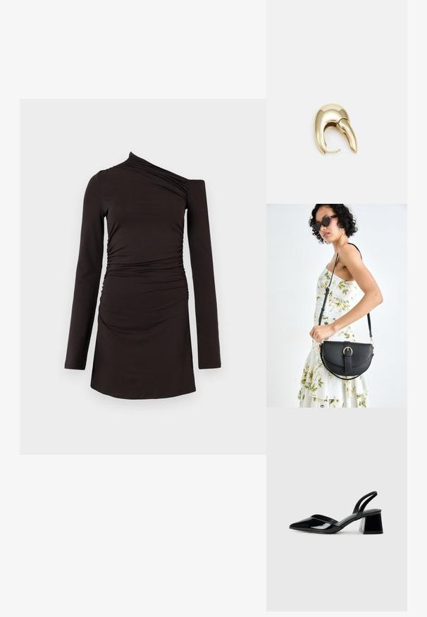 Mustaline käised must kleit, millel on ühel õlal disain, kokkutõmbatud külgdetailid ja sobiv siluett. Valmistatud pehmest ja venivast kangast.; Mustad musta lakknahk kingad, millel on terav varvas ja geomeetriline plokkkonts. Omab elegantselt minimalistlikku disaini ja sujuvat tekstuuri.; Mustmust mustraha kõverate joontega, eemaldatava rihmaga ja kuldsete detailidega. Kotil on klapp, millel on pandladetail.; Kuldtooni metallist kõrvarõngas, millel on elegantne ja kaarjas disain. Omab silmapaistvat teravat kuju, poleeritud pinda ja hingesulgemist.