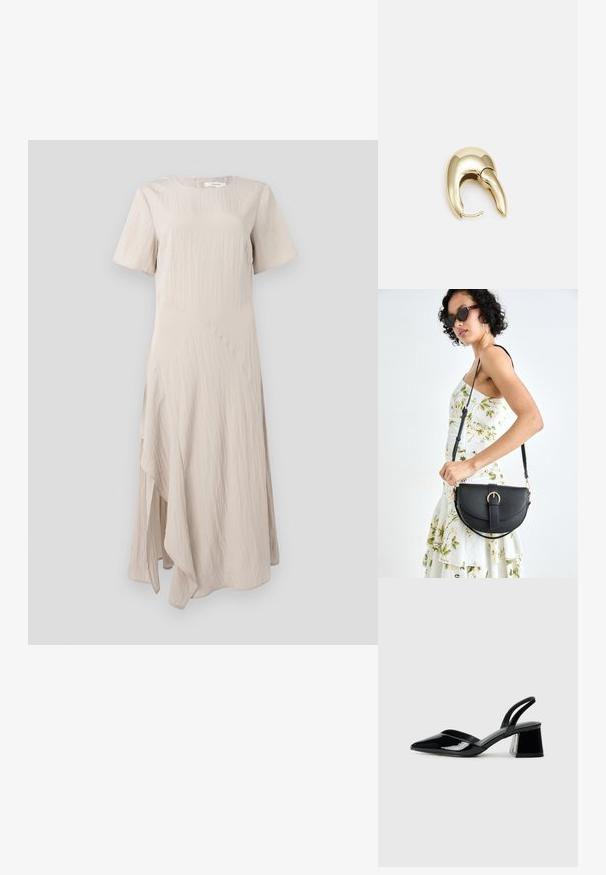 Robe beige, à mi-mollet, en tissu texturé avec des manches courtes et un ourlet asymétrique. Encolure ronde avec une fermeture éclair dans le dos.; Escarpins en cuir verni noir avec bout pointu et talon bloc géométrique. Présente un design élégant et minimaliste ainsi qu'une texture lisse.; Sac à main en cuir noir avec une forme courbée, bandoulière amovible et des accessoires en or. Le sac est doté d'un rabat avec un détail de boucle.; Boucle d'oreille en métal doré avec un design élégant et courbé. Présente une forme conique distinctive, une surface polie et une fermeture à charnière.