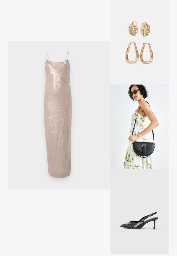 Rochie de seară cu paiete, cu bretele subțiri, într-o nuanță Bej deschis. Prezintă o siluetă ajustată și o textură netedă și lucioasă.; Pantofii slingback din piele lăcuită neagră, cu vârf ascuțit, bretele pentru gleznă cu catarame și accesorii din argint, și un toc subțire.; Geantă din piele neagră, cu o formă curbată, curea detașabilă și accesorii aurii. Geanta are un capac cu un detaliu tip cataramă.; Cercei aurii cu forme texturate și ondulate. Include studs sculpturale cu clip și un design de cerc deschis cu un finisaj cioplit.