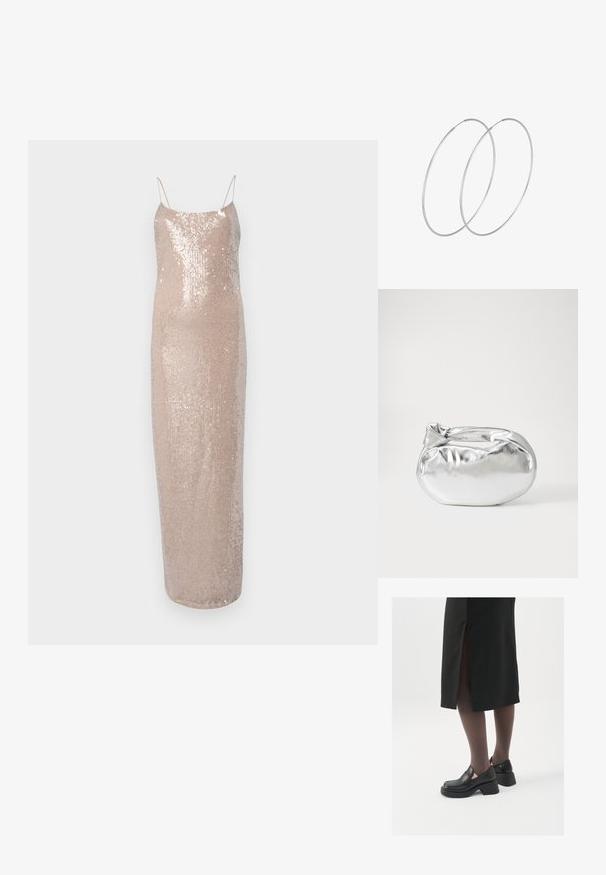 Večerja obleka s svetlikajočimi elementi in tankimi naramnicami v nežni bež barvi. Ima oprijet silhueto in gladko, sijočo teksturo.; Črne usnjene čevlje s zaobljenim prstom, debelim blokastim petama in elastičnimi stranskimi detajli, v kombinaciji s temno nogavicami in črno krilo z razporkom.; Srebrna kovinska torbica z mehko, zaobljeno obliko in zavezano zgornjo zaporo. Narejena iz gladkega umetnega usnja.; Srebrne uhane v obliki obroča z minimalističnim dizajnom. Krožna oblika, gladka tekstura in tanek profil. Lahki s poliranim zaključkom.
