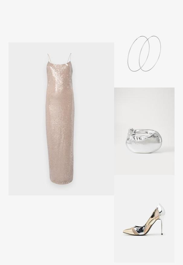 Večerné šaty s flitrami na tenkých ramienkach, v jemnej béžovej farbe. Majú priliehavý strih a hladkú, lesklú textúru.; Lodičky s špičatou špičkou v striebornom, zlatom a telovom farebnom prevedení. Lesklý povrch s výrezovým dizajnom, s ihlovým opätkom.; Strieborná metalická taška s mäkkým, zaobleným tvarom a uzáverom s uzlíkom. Vyrobená z hladkej syntetickej kože.; Strieborné kruhové náušnice s minimalistickým dizajnom. Cirkulárny tvar, hladký povrch a tenký profil. Ľahké s lesklým povrchom.