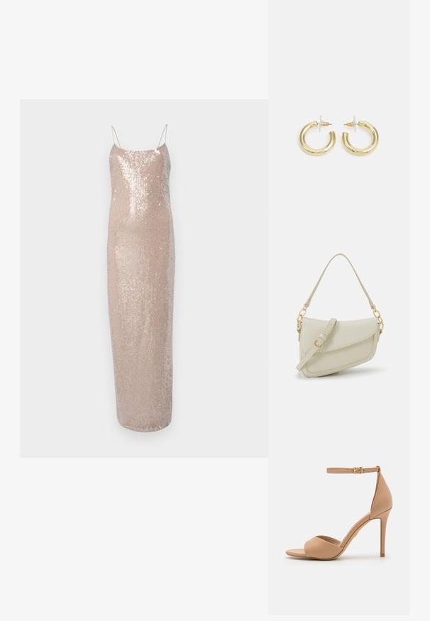 Helmes paeltekkide ja õhksedelga õhtukleit, pehmes beežis värvis. Omab keha ümber vormivat siluetti ja siledat, säravat tekstuuri.; ALDO CRERIDE PILLOW WALK - Sandaalid - beige; Väike kreemjas käekott tekstureeritud viimistlusega, pikendatav rihm, ketiläbimõõt ja klapiga sulgemine. Kuldsed metalldetailid.; Kuldne rõngassõrmused sileda ja läikiva viimistlusega. Ringikujuline disain, millel on väike post ja selge tagumine külg, et tagada kindel kandmine.