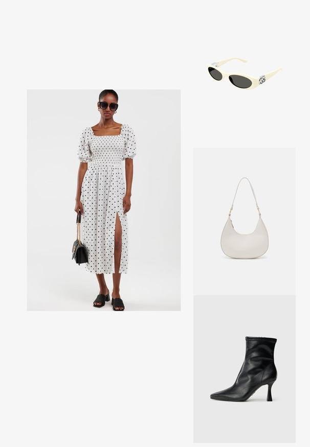 Fehér pöttyös ruha puffos ujjakkal, smockolt felsőrésszel és oldalt hasítékkal. Fekete, tömbsarokkal ellátott szandálokkal és fekete táskával párosítva.; Fekete bőr, hegyes orrú bokacsizma közepes magasságú, harang alakú sarkával, sima felülettel és oldalsó cipzáras záródással.; Krém színű napszemüveg ovális lencsékkel, fekete árnyalattal és fémszínezésű logóval a templomoknál. Sima textúra, macskaszem forma.; Krém bőr válltáska, félhold alakú, vékony pánttal és diszkrét varrási részletekkel. Minimalista dizájn arany színű fémberakásokkal.