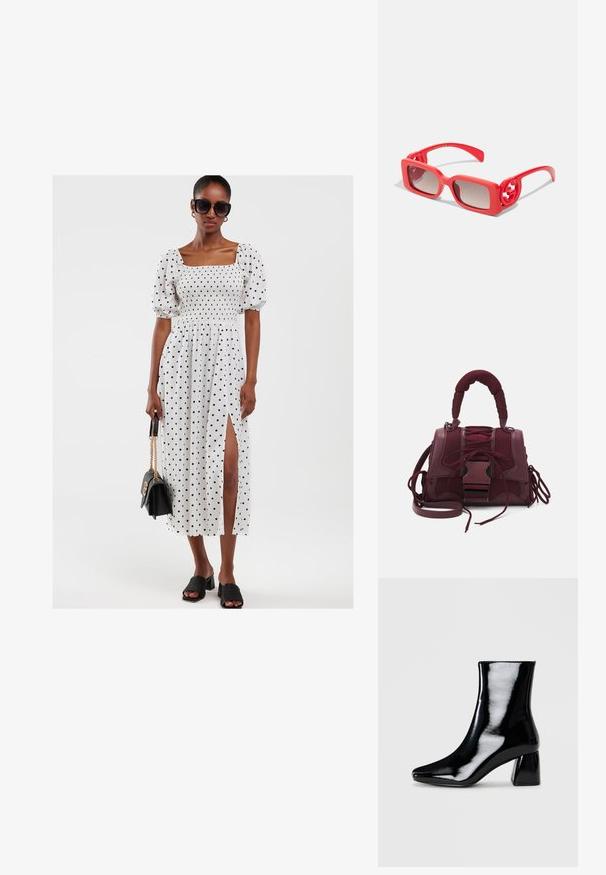 Balta su taškeliais suknelė su pūstomis rankovėmis, raukinėtu liemeniu ir šonine skyle. Derinama su juodais blokiniais kulniukais ir juodu delnine.; Juodos lakiruotos kulkšninių batai su smailiu ಚipu ir kvadratiniais blokuotais kulnais. Lygus paviršius su blizgiu apdailu, be matomų dekoracijų.; Raudoni plastikiniai saulės akiniai su kvadratiniais rėmeliais, gradiento lęšiais ir apvaliais logotipų akcentais ant šventyklų. Lygi tekstūra su blizgiu paviršiumi.; Steve Madden BDIEGO - Rankinė - cranberry
