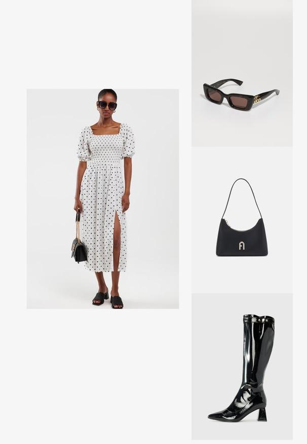 Balts ar punktiņu kleita ar uzpūstām piedurknēm, smockētu krūšu daļu un sānu šķēlumu. Apvienota ar melniem bloka papēžiem un melnu rokassomu.; Melnas patentā ādas ceļgalu zābaki ar smailu purngalu, ģeometrisku bloku papēdi un spīdīgu apdari, ar dekoratīvu pogu akcentu augšējā daļā.; Melna bruņurupuču stila sauļošanās brilles ar taisnstūra lēcām, brūnu toņu, biezām rāmēm un zelta dubulto-G logo detaļu uz tempļa.; Melnas plecu soma, izgatavota no gludas materiāla, ar izliekta forma, zelta rāvējslēdzis un zelta iespiests logo akcentu priekšpusē.