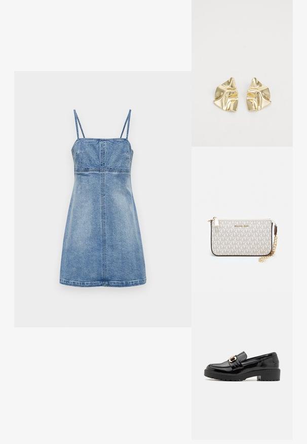 Denimkjole i lys blå, uten ermer med tynne stropper, tettsittende bh og utsvingt skjørt, med vertikale sømmer og en rett falm.; Sorte patentlæder loafers med lav blokhæl, der har en fremtrædende gold-tone spænde og struktureret, rillede ydersål.; Michael Kors håndleddsveske i beige belagt kanvas med et gjentakende MK-logo mønster, gullfarget maskinvare og en avtakbar kjede-rem.; Gullmetalliske øredobber med bølgete design; glatt, reflekterende overflate; asymmetrisk form; ingen synlige mønstre eller hardware.