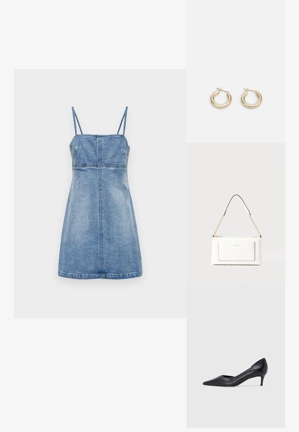 Gaišzils dūņu kleita bez piedurknēm ar plānām siksnām, pieguļošs augšdaļa un izplešanās svārki, ar vertikālām šuvēm un taisnu apakšmalu.; Melna ādas kurpe ar smailu purngalu un zemu papēdi. Raksturota ar gludu tekstūru un smalku spīdumu. Priekša ar atvērtu izgriezumu papildu detaļai.; Baltā ādas rokassomu ar teksturētu apdari, ar zelta ķēdes siksnu un melniem akcentiem. Iekļauj priekšējo kabatu un aizdari ar rāvējslēdzēju.; Lauren Ralph Lauren BASIC SMALL HOOP - Auskari - gold-coloured