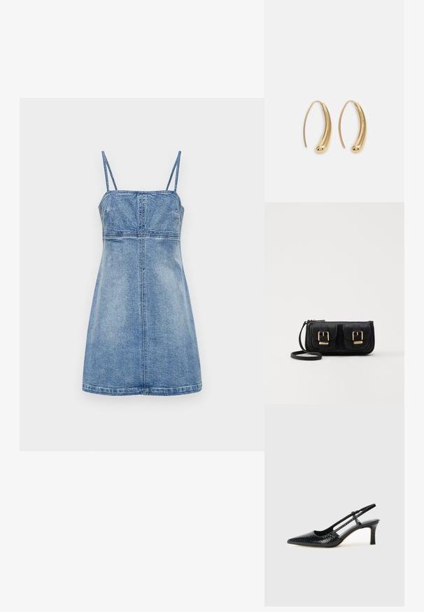 Šviesiai mėlynas džinsinis suknelė, be rankovių, su plonais petnešomis, prigludusia liemens dalimi ir plačia sijonu, su vertikaliomis siūlėmis ir tiesiu kraštu.; Juodai lakuoti slingback aukštakulniai su smailiu nosiu, su tekstūruotu gyvatės raštu, reguliuojama juosta ir trumpu, tekstūruotu blokiniu kulnu.; Juodas odinis per petį nešiojamas krepšys su dviem priekiniais kišenėmis, auksiniais sagtimis, užtrauktuko uždarymu ir siauromis petnešomis. Textūruota paviršius ir kompaktiškas stačiakampis formatas.; Auksinės metalinės auskarų kabės su lenktą, pailgą forma. Turi lygų, blizgantį paviršių ir užapvalintą galiuką papildomam akcentui.