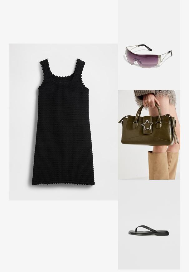 Svart strikket tankkjole med bølgete kanter, rektangulær form, teksturert mønster og skulderstropper, vist mot en ensfarget bakgrunn.; Sorte flip-flop laget av glatt lær, med en tynn stroppdesign og en flat såle med et minimalistisk utseende. Ingen bemerkelsesverdige mønstre eller aksenter.; Solbriller med en stor, buet lilla linse, sølvmetallakenter og sorte stenger med en logo. Teksturdetaljer på rammen er synlige.; Oliven grønn faux lær håndveske med sølvstjerneakcent, doble håndtak og glidelåslukking. Teksturert overflate og strukturert form.