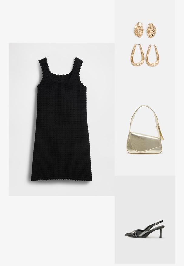 Crna pletena haljina bez rukava s rubovima u valovitom obliku, pravokutnog oblika, teksturiranim uzorkom i naramenicama, prikazana na jednobojnoj pozadini.; Crna lakirana slingback cipela s izduženim vrhom, remenčićima oko gležnja s srebrnim kopčama i dijelovima, te vitkim potplatom.; Zlatna metalna torba s uređenim dizajnom, glatkom teksturom i podesivim remenom. Ima jedinstven trokutasti oblik i minimalističko šivanje.; Naušnice zlatne boje s teksturiranim, valovitim oblicima. Uključuju skulpturalne kopče i dizajn otvorene kružnice s kovanom završnom obradom.