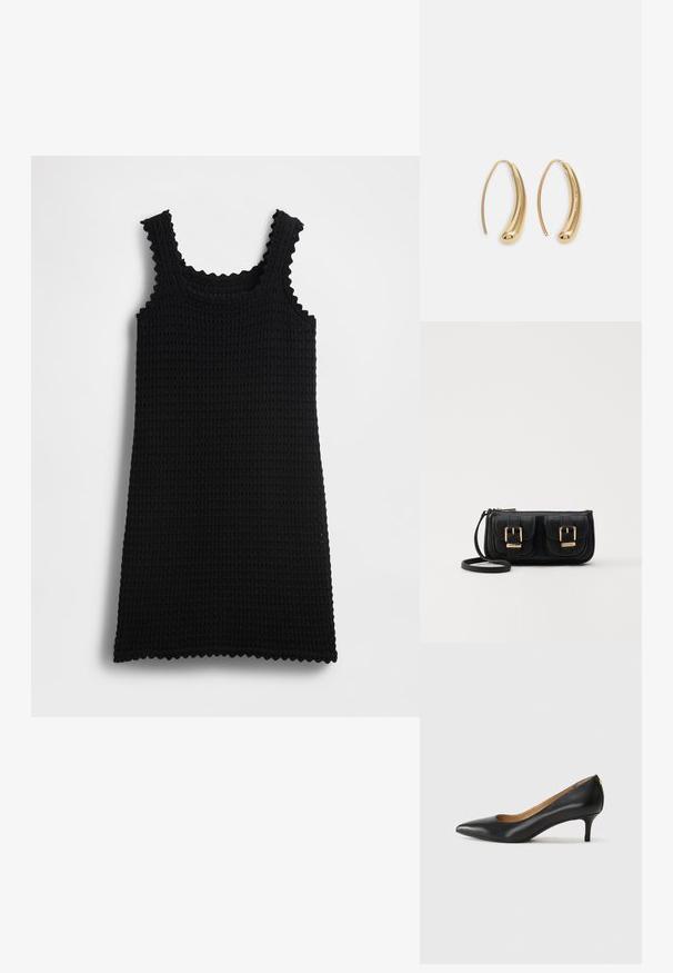 Svart strikket tankkjole med bølgete kanter, rektangulær form, teksturert mønster og skulderstropper, vist mot en ensfarget bakgrunn.; Sorte lærpumpe med spiss tå, lav hæl og en glatt tekstur. Har en liten åpning foran og minimalt med beslag bak.; Svart skinn crossbody veske med to frontlommer, gyldne spenner, glidelåslukking og en slank stropp. Teksturert overflate og kompakt rektangulær form.; Gullfargede metalløredobber med en buet, forlenget form. Har en jevn, blank overflate og en avrundet tupp for ekstra detaljer.