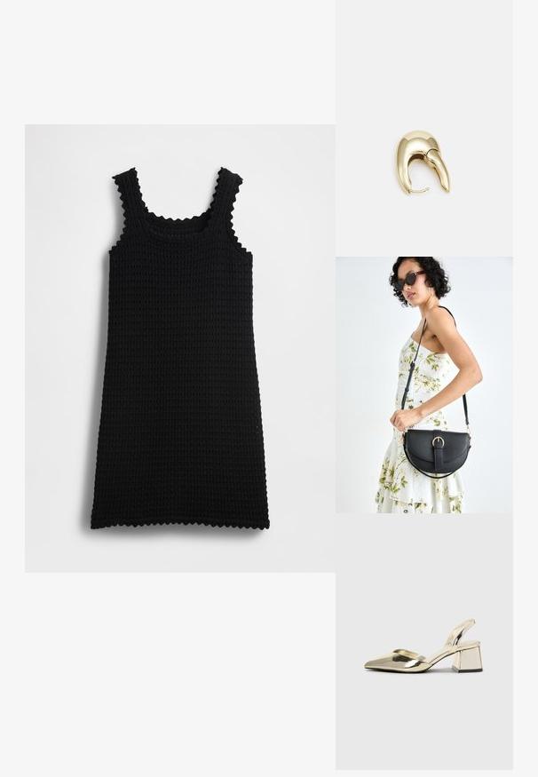 Rochie neagră tip maiou tricotată, cu margini ondulate, formă dreptunghiulară, model texturat și bretele, prezentată pe un fundal simplu.; Pantofi cu toc slingback metalici aurii, cu vârf ascuțit și toc chunky. Textură netedă, design minimalist și o curea subțire.; Geantă din piele neagră, cu o formă curbată, curea detașabilă și accesorii aurii. Geanta are un capac cu un detaliu tip cataramă.; Cercei din metal de culoare aurie cu un design elegant și curbat. Prezintă o formă distinctivă, ascuțită, o suprafață lustruită și un sistem de închidere cu balama.