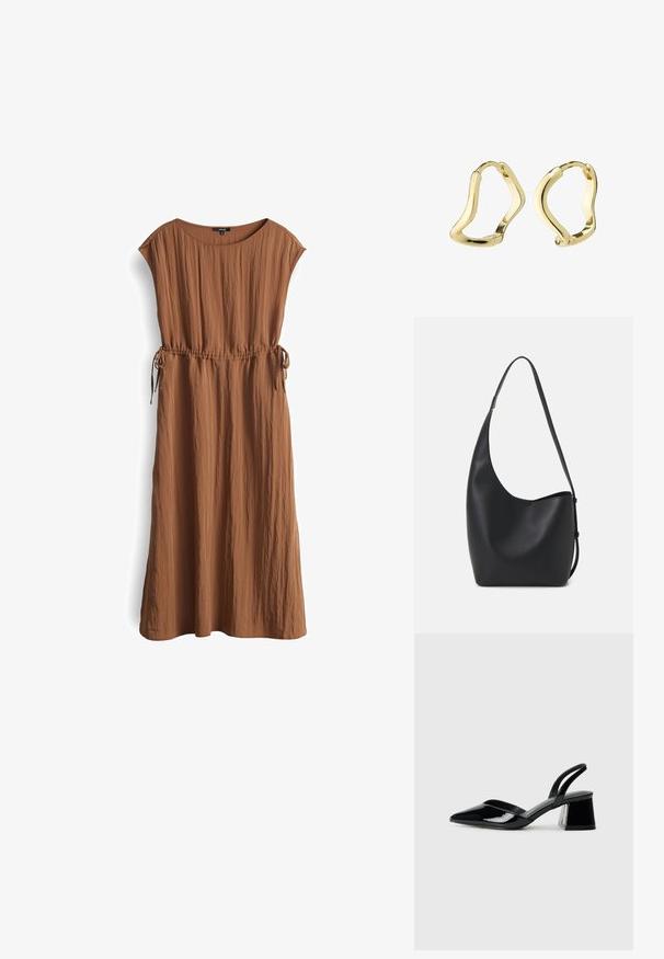 OPUS RELAXED FIT LONG - Freizeitkleid - golden oak; Schwarze Lackleder-Slingback-High Heels mit spitzem Schuh und einem geometrischen Blockabsatz. Verfügt über ein schlankes, minimalistisches Design und eine glatte Textur.; Schwarze Leder-Hobo-Tasche mit einer glatten Textur, geschwungener Form und einem einzelnen verstellbaren Tragegurt; verfügt über eine weite Öffnung am oberen Ende.; Goldene Creolen mit einem fließenden, wellenartigen Design. Glatte Textur, offenes Format und keine sichtbaren Verschlüsse. Minimalistischer und moderner Ausdruck.