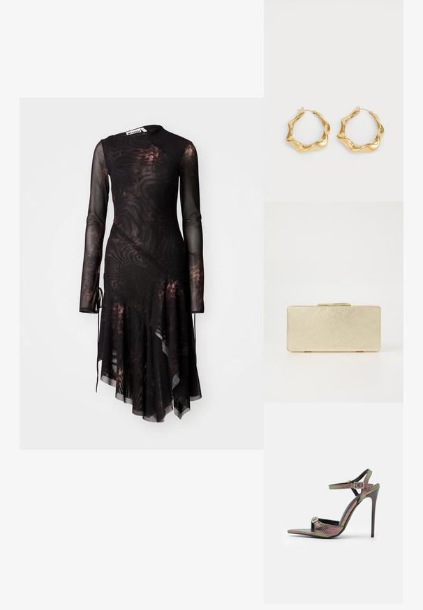 Fekete, hosszú ujjú ruha áttetsző anyagból, aszimmetrikus szegéllyel és finom barna márványos mintázattal, szalagkötőkkel az ujjakon.; Magassarkú szandál, sokszínű, texturált kígyóbőr mintázattal. Állítható bokapántokkal és hegyes orrú kialakítással rendelkezik.; Arany színű clutch táska sima fémes felülettel, téglalap alakú, egyszerű csattal. Nincsenek látható minták vagy díszítések.; Arany fülbevalók hullámos, texturált formával. Finom drótzárral rendelkezik, és fényes, tükröződő felülete van.