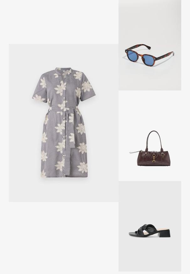 Rochie cu maneci scurte, în culori bleumarin și alb cu carouri, având detalii florale brodate în alb, un decolteu cu nasturi și talie legată.; Sandală din piele neagră cu un design superior twistat, vârf pătrat și toc mic bloc, având o textură netedă și un stil minimalist.; Ochelari de soare țavoasă cu lentile albastre, având un cadru rotund și temple subțiri, evidențiind o textură netedă și detalii de design subtile.; Geantă de mână din piele maro închis, cu două mânere superioare, accente de hardware aurii, un detaliu de închidere frontală și texturi cusute pe laturi.