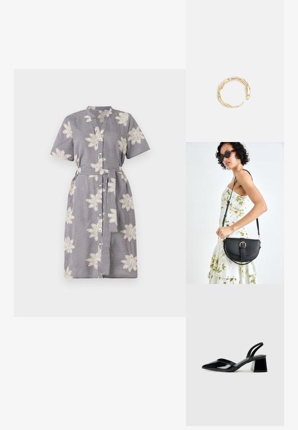 Kratka haljina s kratkim rukavima u tamnoplavo-bijelom kariranom uzorku, s izvezenim bijelim cvjetnim detaljima, prednjim kopčanjem na gumbe i vezanjem u struku.; Crne lakirane kožne sandale s otvorenom petom i špicastim vrhom, s geometrijskom blok petom. Imaju elegantan, minimalistički dizajn i glatku teksturu.; Crna kožna torba s lukovitim oblikom, odvojivim remenom i zlatnim detaljima. Torba ima preklop s kopčom.; Prsten u zlatnoj nijansi s organskim, uvijenim dizajnom, glatkom teksturom i suženim krajevima, koji stvara moderan, skulpturalni izgled.
