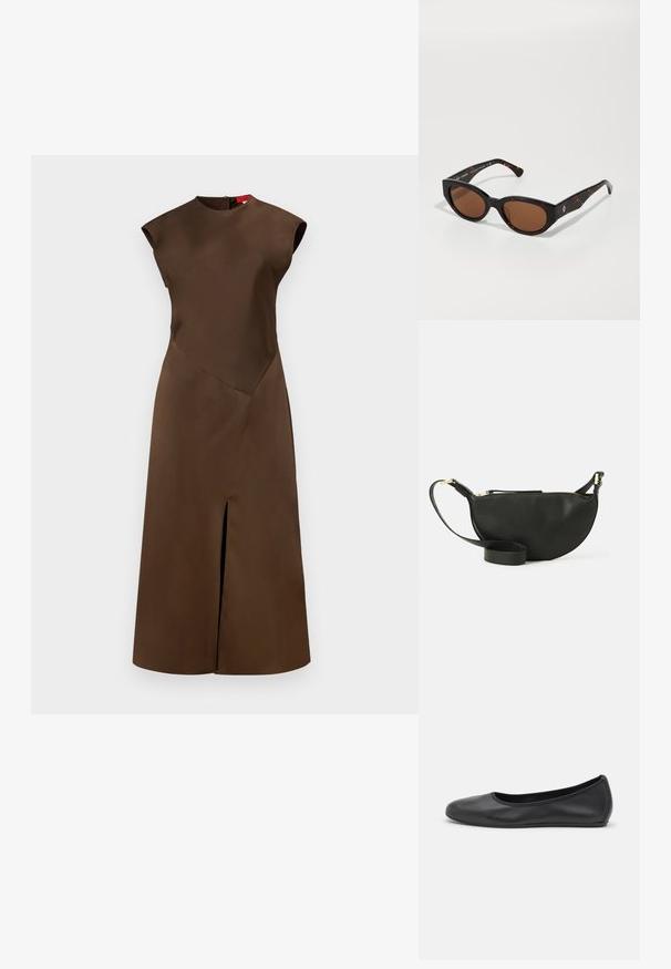 Ruda be rankovių suknelė su kampuota forma, pagaminta iš lygios medžiagos. Pasižymi aukštu kaklu ir priekiu skeltuku, kuris suteikia papildomą akcentą.; Juodai odiniai baletai su apvaliu pirštu, lygi texture, minimalus siuvimo detales ir lanksčiu padų dizainu.; Juodos tortoiseshell tipo saulės akinių su rudu stiklu, kampuota forma ir platesnėmis rankenomis, su subtiliu logotipo akcentu. Lygus plastiko paviršius.; Juodas odinis per petį nešiojamas krepšys pusmėnuliu, su tekstūruota paviršiumi, auksiniu užtrauktuku ir plokščiu dirželiu. Kompaktiškas dizainas, tinkantis būtiniausiems daiktams.