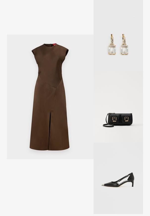 Ruskea hihaton mekko, jossa on kulmikas muotoilu ja joka on valmistettu sileästä kankaasta. Ominaisuuksiin kuuluu korkea kaula-aukko ja edessä oleva halkio lisäyksinä.; Musta nahkainen matalakorkoinen kenkä, jossa on terävä hopeinen kärki ja kaksinkertaiset solkisilmukat valkoisella taustalla.; Musta nahkainen olkalaukku, jossa on kaksi etutaskua, kultaiset soljet, vetoketjukiinnitys ja kapea hihna. Teksturoidun pinnan ja kompaktin suorakaiteen muoto.; Kulta-sävyiset korvakorut, joissa on suorakulmainen, kirkas kivi roikkumassa pienen, pyöreän kirkkaan korosteen rivin alapuolella. Tyylikäs, moderni muotoilu.