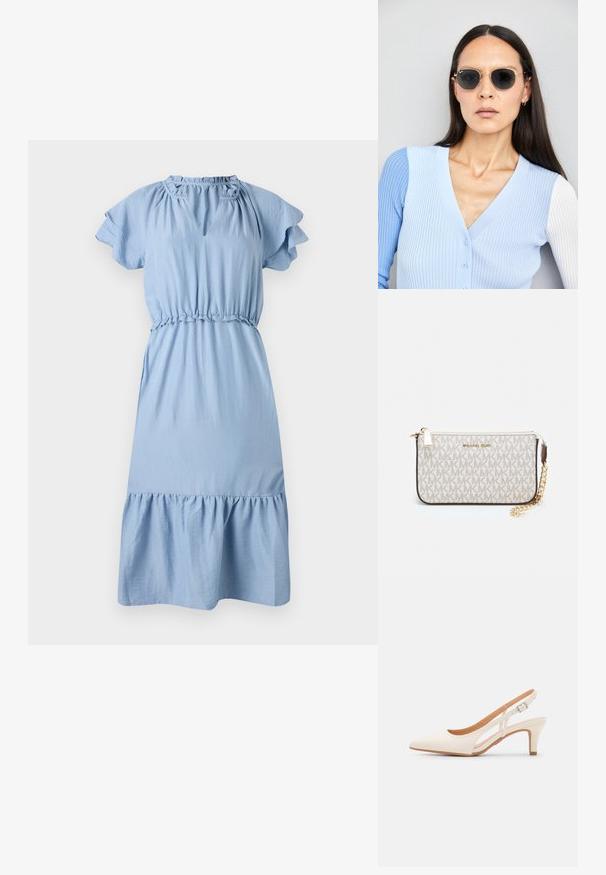 Világoskék pamutruha rövid fodros ujjakkal, behúzott derékkal és bővülő szegéllyel. Kulcslyuk részlet található a nyakvonalán.; Fehér slingback sarok, hegyes orral, sima felső anyaggal, alacsony blokk sarkával és oldalsó kivágott dizájnnal, állítható csatpánttal.; Kerek napszemüveg sötét lencsékkel és arany kerettel. A modellen világoskék, bordázott kardigán van gombokkal és kontrasztos fehér ujjaival.; Michael Kors bézs bevonatos vászon karkötő, amely ismétlődő MK logó mintával, aranyszínű fémrészletekkel és levehető lánchordóval rendelkezik.