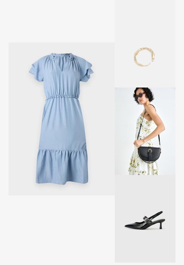 Vestido de algodón azul claro con mangas cortas con volantes, cintura fruncida y dobladillo acampanado. Presenta un detalle de escote en forma de lágrima.; Zapatos de tacón en charol negro con tira al tobillo, punta afilada y un pequeño tacón bloque, que cuentan con un acento de hebilla plateada en la correa.; Bolso de piel negra con forma curva, correa desmontable y herrajes dorados. El bolso cuenta con una solapa con un detalle de hebilla.; Anillo en tono dorado con un diseño orgánico y retorcido, con una textura suave y extremos cónicos, creando una apariencia moderna y escultórica.