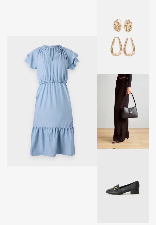 Hellblaues Baumwollkleid mit kurzen, gerafften Ärmeln, einer gerafften Taille und einem ausgestellten Saum. Mit einem Schlüssel-Ausschnitt-Detail.; Schwarze Lederloafers mit flachem Absatz, die auf der Vorderseite ein dekoratives goldfarbenes Hardware-Detail und eine glatte Textur aufweisen.; Schwarze Handtasche mit strukturierter Form, glatter Textur und einem metallischen Verschluss. Kombiniert mit weiten schwarzen Hosen und offenen Sandalen auf einem Holzboden.; Ohrringe in Goldoptik mit strukturierten, gewellten Formen. Beinhaltet skulpturale Clip-Ohrringe und ein offenes Hoop-Design mit gehämmertem Finish.