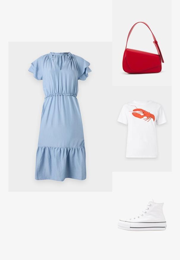 Hellblaues Baumwollkleid mit kurzen, gerafften Ärmeln, einer gerafften Taille und einem ausgestellten Saum. Mit einem Schlüssel-Ausschnitt-Detail.; Weißes Baumwoll-T-Shirt mit einem großen, leuchtend roten Hummer-Design auf der Vorderseite. Mit kurzen Ärmeln und klassischem Rundhalsausschnitt.; Weiße hochwertige Leinensneaker mit schwarzer Gummisohle, vorderem Gummizehenschutz und sechs Ösen für Schnürsenkel, die ein sauberes, minimalistisches Design aufweisen.; Rote Lederhandtasche mit einem kantigen, geometrischen Design. Verfügt über einen verstellbaren Schulterriemen und einen Klappenverschluss mit genähten Details.