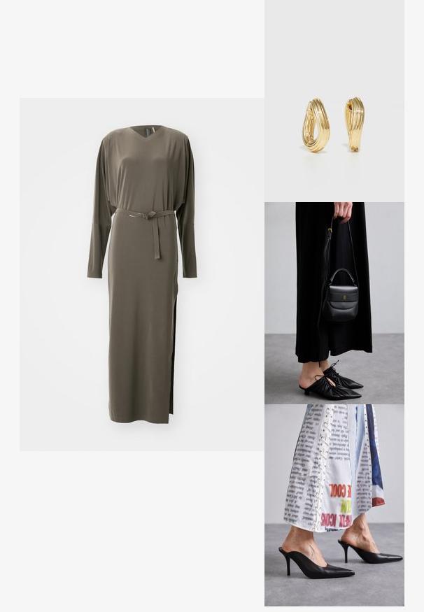 Olíva zöld, hosszú ujjú ruha V-nyakkal és övezett derékkal. Oldalsó hasítékokkal és sima, puha textúrával rendelkezik.; Fekete bőr mules cipő hegyes orral és stiletto sarokkal, fehér mintás ruhadarabbal párosítva, amely fűzős részletekkel rendelkezik.; Kis fekete bőrtáska kerekded formával, felső fogantyúval és levehető pánttal. Fekete szövetruhával és fekete redőzött cipőkkel viselve.; Arany színű karika fülbevalók csavarodó mintával, bordázott felülettel és sima bevonattal. Könnyű és üreges szerkezet.