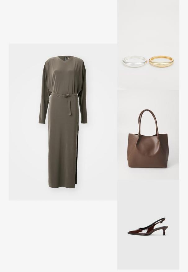 Olive green, long-sleeve dress with a V-neck and a belted waist. Features side slits and a smooth, soft texture.; Brown patent leather slingback shoe with a pointed toe and a moderate heel. Features a buckle strap for secure fit. Smooth texture.; Brown leather tote bag with two long handles, structured shape, smooth texture, and minimalistic design. No visible hardware or accents.; Zign 2 PACK - Bracelet - gold-coloured/silver-coloured