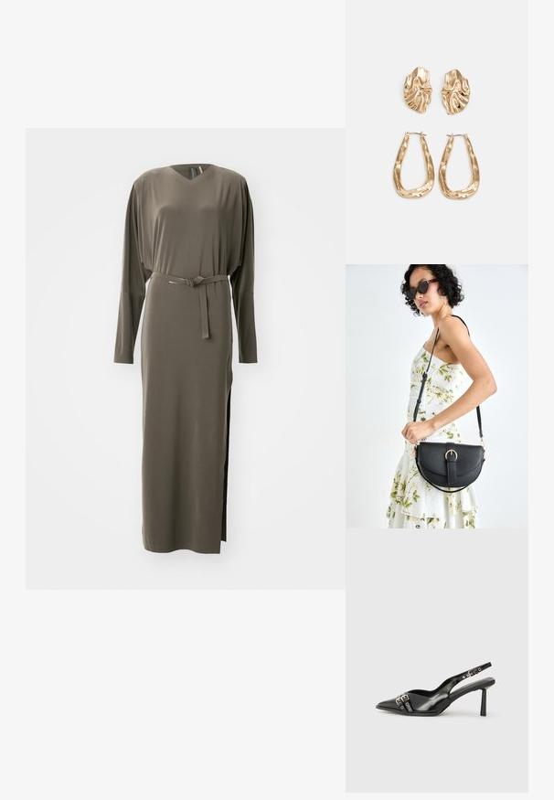 Maslinasto zelena haljina dugih rukava s V-izrezom i pojasom u struku. Ima bočne proreze i glatku, mekanu teksturu.; Crna lakirana slingback cipela s izduženim vrhom, remenčićima oko gležnja s srebrnim kopčama i dijelovima, te vitkim potplatom.; Crna kožna torba s lukovitim oblikom, odvojivim remenom i zlatnim detaljima. Torba ima preklop s kopčom.; Naušnice zlatne boje s teksturiranim, valovitim oblicima. Uključuju skulpturalne kopče i dizajn otvorene kružnice s kovanom završnom obradom.