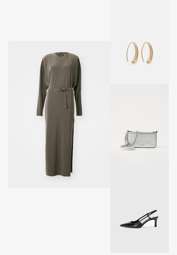 Oliven grønn, langermet kjole med V-hals og belte i midjen. Har høye splittler og en glatt, myk tekstur.; Sorte patent slingback hæl med spids tå, featuring tekstureret slangeskind, justerbar rem og en kort, tekstureret blokhæl.; Sølv lær crossbody-veske med teksturert finish, kjede- og stroppdetaljer, samt glidelås-lukking. Har en logo på forsiden.; Gullfargede metalløredobber med en buet, forlenget form. Har en jevn, blank overflate og en avrundet tupp for ekstra detaljer.