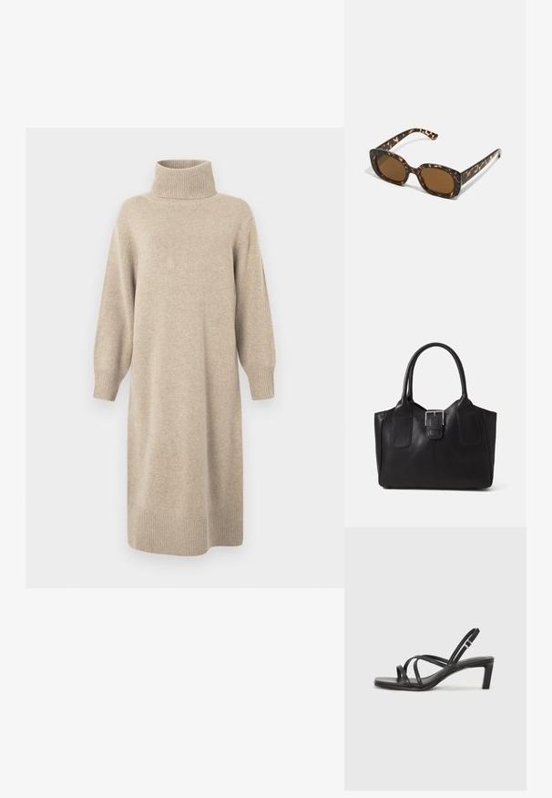 Béžové šaty s rolákem vyrobené z měkké pletené látky, s tříčtvrtečními rukávy a žebrovaným lemem. Jednoduchý, přímý střih.; Černé sandály na tenkém podpatku se čtveratou špičkou a nízkým blokovým podpatkem. Mají několik tenkých popruhů a nastavitelné zapínání okolo kotníku. Vyrobeny z hladké kůže.; Sluneční brýle ve skořápce želvy s kulatým, širokým rámem a hnědými čočkami. Mají jemné vzory a rovné, zúžené stranice.; Černá kožená tote taška s hladkým povrchem, strukturovaným tvarem, dvěma uchy a výrazným stříbrným detailem s přezkou na přední straně.