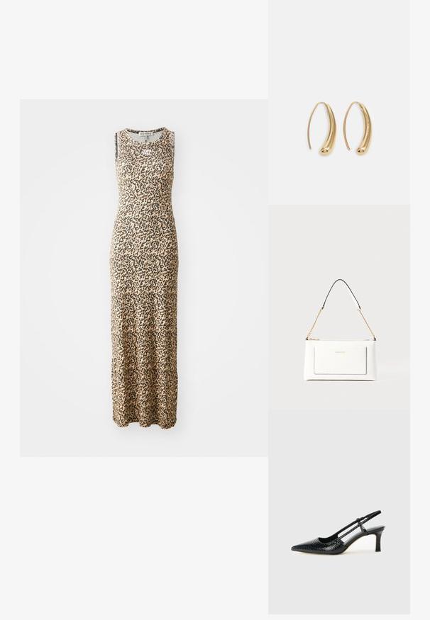 Ärmlös maxiklänning i beige med svart leopardmönster, med rund halsringning. Gjord av ett mjukt, stretchigt material för komfort.; Svart lackskin slingback-häl med spetsig tå, med texturerad ormskinnsprint, justerbar rem och en kort, texturerad blockklack.; Vit läderhandväska med texturerad yta, med guldkedjeslinga och svarta accenter. Inkluderar en framsida ficka och dragkedjestängning.; Guldtonade metallörhängen i en kurvad, avlång form. Har en slät, glänsande yta och en rundad spets för en extra detalj.