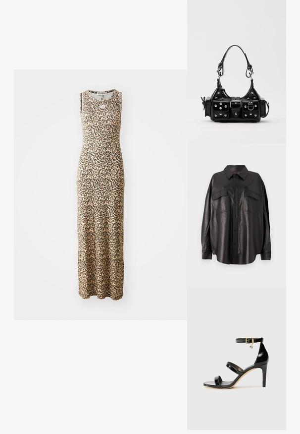 Vestido maxi sin mangas en beige con estampado de leopardo negro, con un escote redondo. Elaborado con una tela suave y elástica para mayor comodidad.; Camisa de cuero negro con cierre de botones en el frente, cuello puntiagudo y dos bolsillos en el pecho. Presenta un ajuste holgado y una textura suave.; Sandalia de charol negro con tres correas, hebilla en el tobillo y tacón de aguja de 10 cm. Presenta detalles de hardware en oro y un charm con el logo.; Bolso de mano de cuero negro con un diseño curvado, que cuenta con tachuelas plateadas, una hebilla y dos bolsillos laterales. Correa ajustable para opciones de transporte.