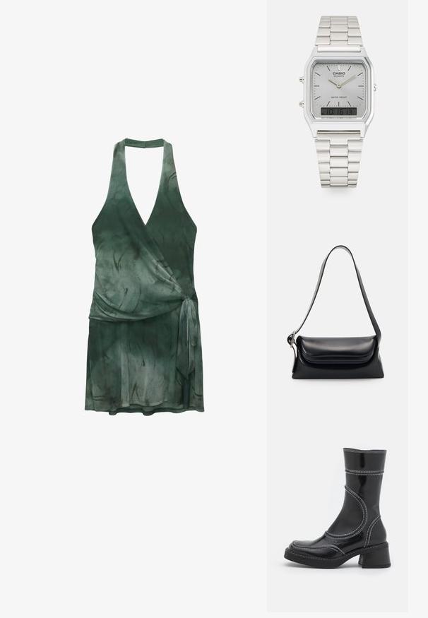 Rochie înfășurată dintr-un material ușor, de culoare verde închis, cu decolteu în V, design halter, detalii cu panglică la talie și o siluetă fluidă.; Cizmă ankle din piele patent neagră cu cusături albe, vârf rotund și toc pătrat. Prezintă linii de design curbe și o textură netedă.; Geantă de mână din piele neagră cu o formă structurată, o textură netedă și o singură curea de umăr. Are un design subtil cu clapetă rotunjită.; Ceas de mână Casio din oțel inoxidabil cu mecanism quartz, cu carcasă rectangulară, afișaje analogice și digitale, brățară din oțel inoxidabil și caracteristici de rezistență la apă.