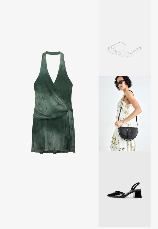Zavinovacia šaty z ľahkej tkaniny v tmavozelenej farbe, s výstrihom do V, halter dizajnom, viazacím detailom v oblasti pása a plynulou siluetou.; Čierne lakované kožené sandálové podpätky s špicatou špičkou a geometrickým blokovým podpätkom. Disponujú elegantným, minimalistickým dizajnom a hladkým povrchom.; Zlaté kovové okuliare s oválnymi šošovkami, štíhlymi rámami a priehľadnými nosovými podložkami. Obsahujú jemné akcenty pántov a priehľadné šošovky.; Čierna kožená kabelka s zaobleným tvarom, odnímateľným popruhom a zlatými doplnkami. Kabelka má klopu s detailom s prackou.