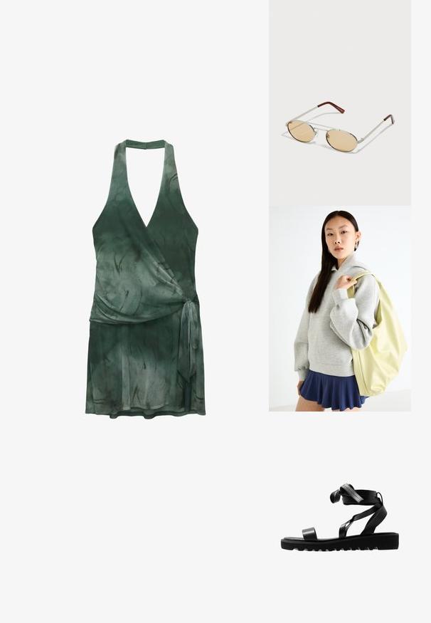 Obleka v zavitku iz lahkega blaga v temno zeleni barvi, z V-izrezom, halterneck oblikovanjem, zavezanjem pod pasom in tekočim silhuetom.; Črne sandale z teksturiranim podplatom, ki imajo tanke naramnice in vozlano zasnovo. Narejene iz gladkega materiala, sodobne oblike in odprtega prsta.; Metalne sončna očala z ovalnimi, svetlo rjavimi lečami. Tanjša srebrna okvirja s teksturiranimi detajli in rdečkasto-rjavimi konicami na ročajih.; Siva prevelika kapuca s kenguru žepom, uparena s mornarsko plavom suknjom s volanima. Dodatak: veliki svijetložuti ruksak, glatke teksture.