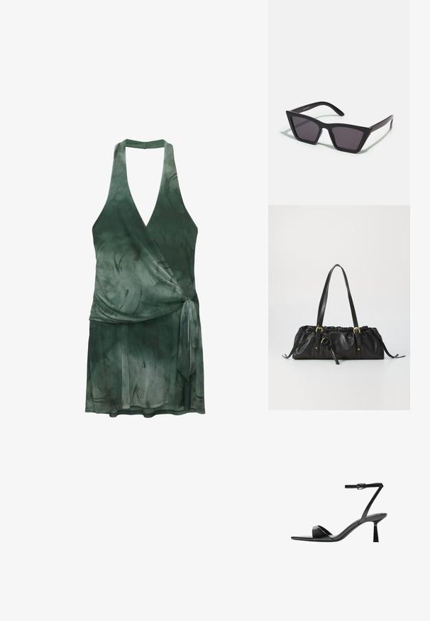 V-kauluksesta, halkihaalari muotoinen, syvän vihreä, kevyt kangas. Vyötäröllä solmittava yksityiskohta ja virtaava siluetti.; Bershka Korolliset sandaalit - black; Mustat, kulmikkaat aurinkolasit harmailla linsseillä; valmistettu muovista, paksuilla varsilla, joissa on sileä pinta ja ilman näkyvää metalliosaa.; Mustassa nahkabagissa on kerrostettu yläosa, kaksi olkahihnaa, kullanvärinen metalliosuus ja keskellä pyöreä yksityiskohta. Pehmeä pinta ja kompakti muoto.