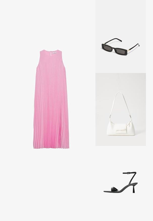 Mango Dnevna obleka - pink; Bershka Sandali z visoko peto - black; Črne pravokotne sončne očala s temnimi lečami, sijajnim plastičnim okvirjem in zlatimi poudarki na ušesnih delu. Minimalistična zasnova in eleganten oblik.; Bela sintetična torbica v obliki trikotnika, z ravnim sprednjim poklopcem in detajlom mašne, nastavljivim trakom, gladko teksturo in minimalističnim dizajnom.