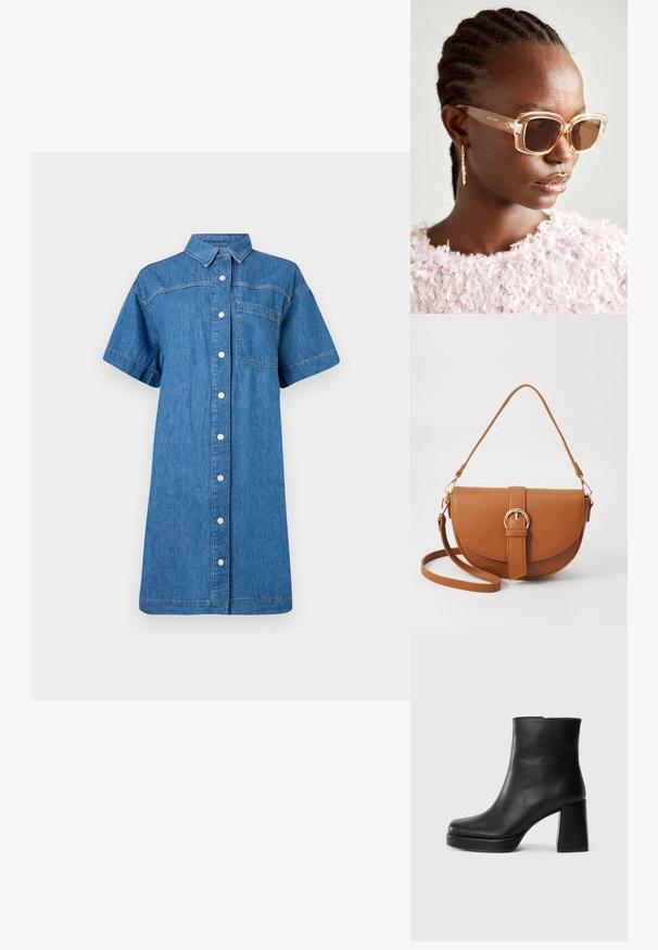 Denim skjortekjole i middels blå, korte ermer, knappestolpe foran, enkelt brystlomme, og en avslappet A-linjet silhuett.; Sorte skinnankelsko med blokkhæl og plattformsåle, sett fra siden på en enkel hvit bakgrunn.; Beige oversized solbriller med klar ramme og brune tonede linser, med subtile blomsterdetaljer og dristig, geometrisk design.; Brun lærcrossbody-veske med en buet form, gullhardware og et spenneakcent. Har en avtakbar skulderreim.